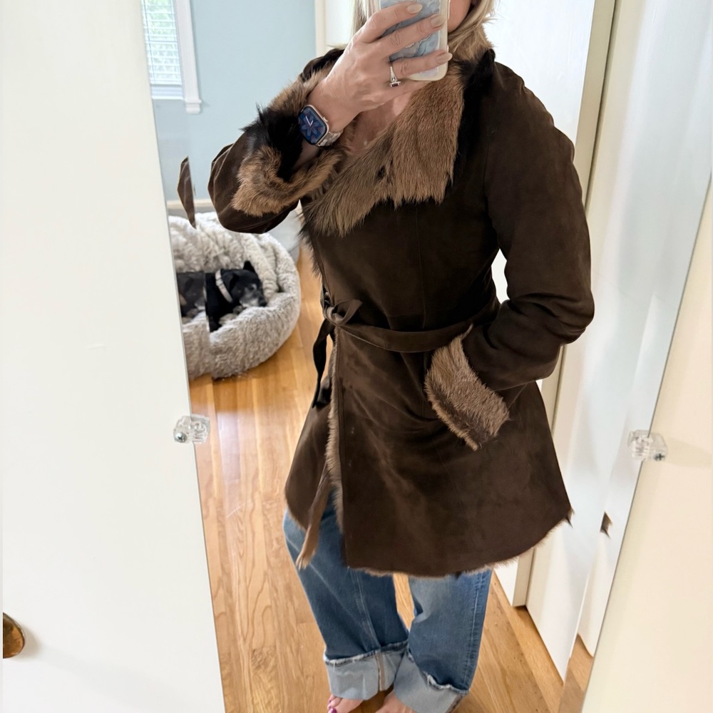 Gerard Darel Brown Suede Goat Skin Shearling Toscana Coat - Picture 5 of 16